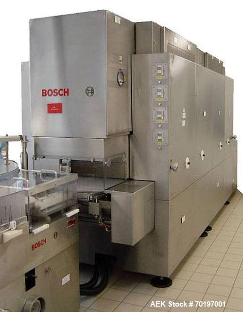Used Bosch RRU 3100 HGL 3820 Washer/Sterilizing Tunnel for carpules, comprised of (1) Bosch RRU 3100 washer and (1) Bosch HQL 3820 hot air sterilizing tunnel. Capacity 30,000 hour. Currently fitted f...