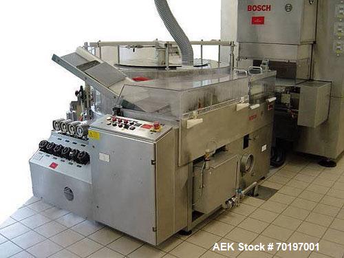 Used Bosch RRU 3100 HGL 3820 Washer/Sterilizing Tunnel for carpules, comprised of (1) Bosch RRU 3100 washer and (1) Bosch HQL 3820 hot air sterilizing tunnel. Capacity 30,000 hour. Currently fitted f...