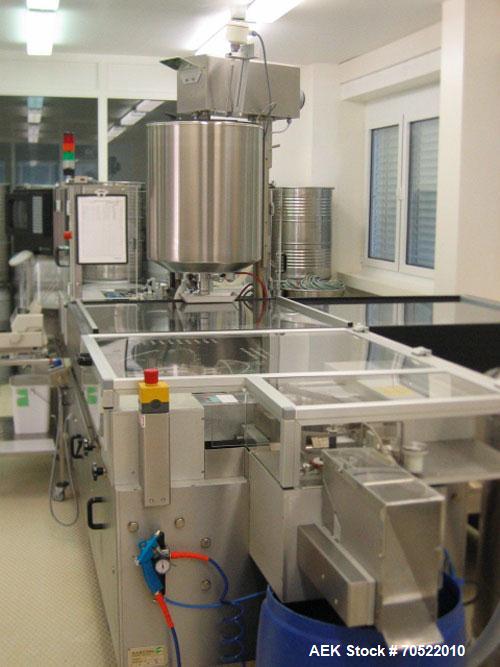 Used Sarong SAAS 6 AP/VP Suppositories Forming, Filling and Closing Machine for PVC/PVCDC/PE and other thermoforming materials. Maximum output 12,000 suppositories/hour, cooling time 2 x 8 minutes, 3...