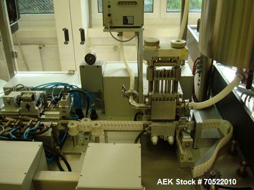 Used Sarong SAAS 6 AP/VP Suppositories Forming, Filling and Closing Machine for PVC/PVCDC/PE and other thermoforming materials. Maximum output 12,000 suppositories/hour, cooling time 2 x 8 minutes, 3...