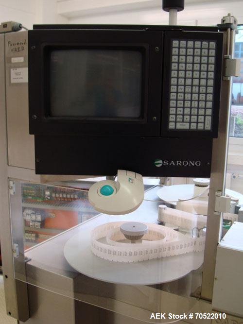 Used Sarong SAAS 6 AP/VP Suppositories Forming, Filling and Closing Machine for PVC/PVCDC/PE and other thermoforming materials. Maximum output 12,000 suppositories/hour, cooling time 2 x 8 minutes, 3...