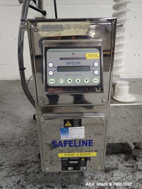 Used Used Pharma Tech deduster metal check combination, model PTGV1000ST, stainless steel construction, with vertical rotating brush deduster, integrated Safeline metal detector, model Met 30+, 3.75"...