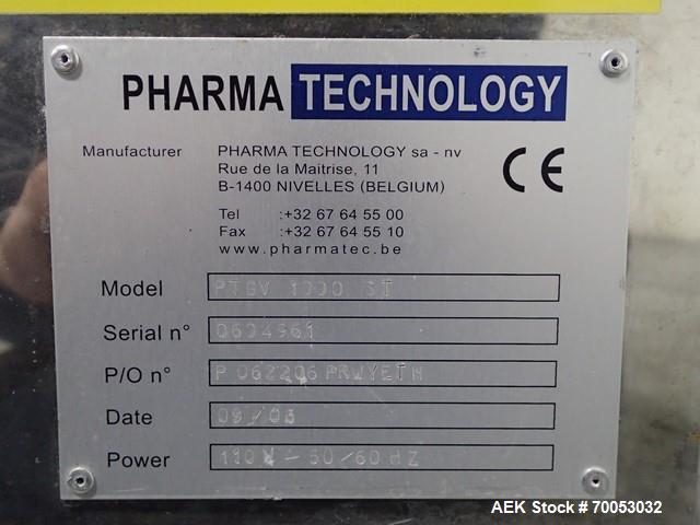 Used Used Pharma Tech deduster metal check combination, model PTGV1000ST, stainless steel construction, with vertical rotating brush deduster, integrated Safeline metal detector, model Met 30+, 3.75"...
