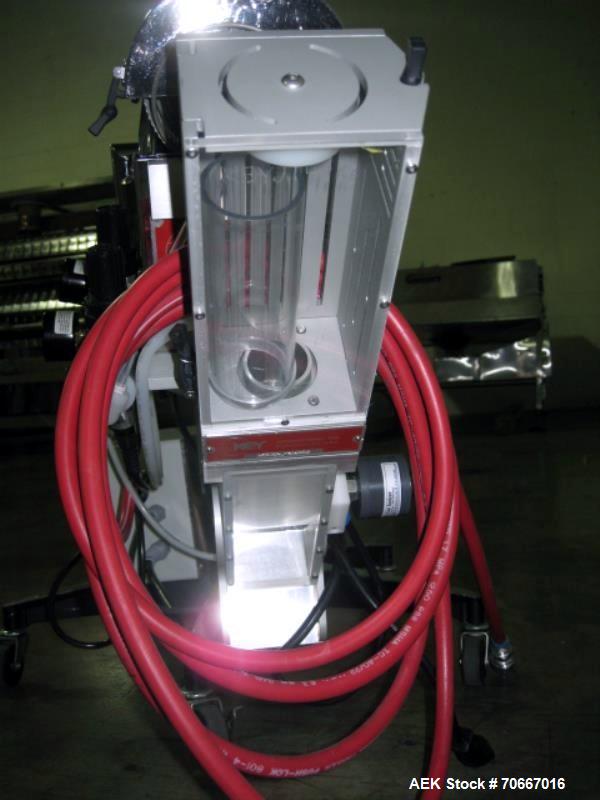 Used Key capsule polisher, model CP350, stainles steel construction with Key MTCS empty capsule reject, on stand, 110V, serial # J14966.  NOTE: PRICE INCLUDES A 15% BUYERS PREMIUM.