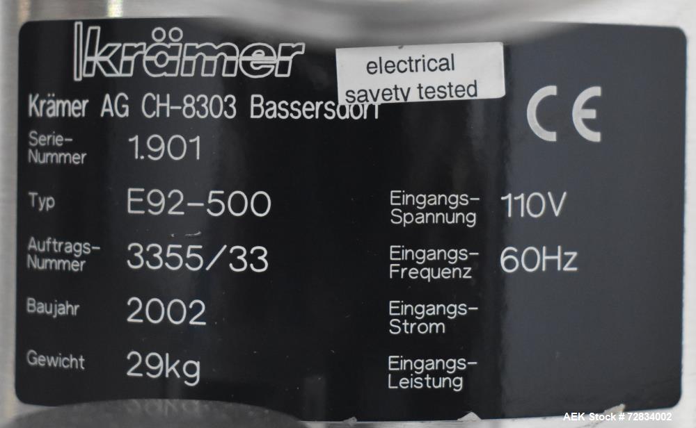 Used Kramer Model E92-500 Uphill Spiral Tablet Deduster. Approximate 1,800,000 tph, based on round 5 x 2mm tablets. Maximum tablet diameter 20mm. Maximum dedusting path 6.8m. Conveying height 490mm. ...