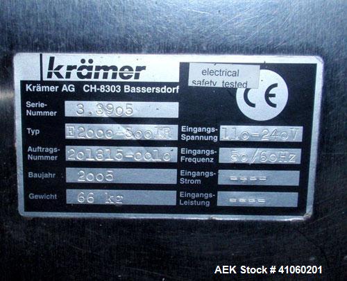 Used Kramer Tablet Deduster, Model E2000-500 IR. Approximate capacity 60,000 to 3,000,000 capsules per hour depending on size. Maximum tablet 25mm. 110-240 volt, 50/60 hz. Includes a C810 control pan...