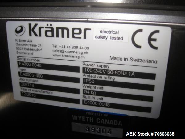 Used Krammer Tablet Deduster, Type E4000S-400. Tower design, 100-240 volt, serial# E4000-0048, 100-240 volt, new 2010.