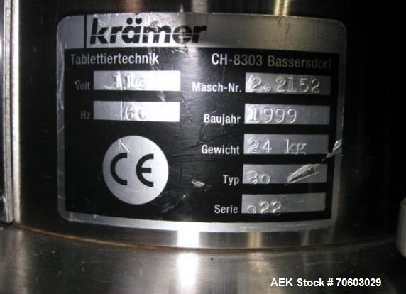 Used Kramer Model E80 Deduster.  Has downward conveying range of 300 mm, and can convey tablets or capsules from 5-25 mm in diameter.  Maximum conveying capacity of 3,000,000 tablets an hour (dependi...