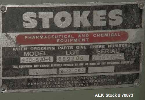 USED:Stokes tablet duster, model 900-571-1, stainless steel. 9-1/2"wide x 22" long vibration screens. Bottom mounted dust collector,1-1/2" diameter dust outlet. Capacity approx 7000 tablets per minut...