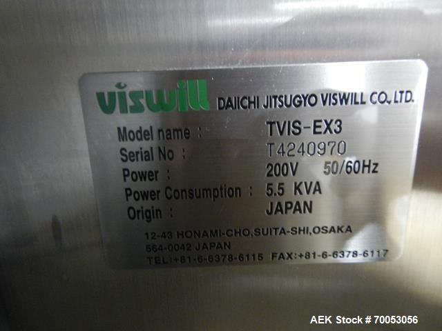 Used Used GEA Daiichi Viswill tablet video inspection system, model TVIS-EX3, rated to speeds of 350,000 tablets/hr through put, designed to handle 5-12 mm diameter to 2-8 mm round tablets, 5-12 mm w...