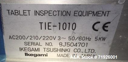 Used- Ikegami Tsushiki Co. LTD Tablet Inspection System/Line, Model TIE-1010