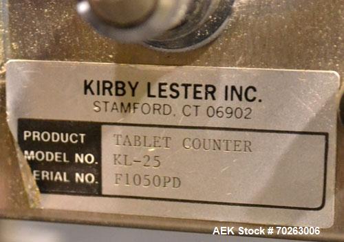 Used Kirby Lester Tablet Counter, Model KL25, Stainless Steel. Count rate 820 per minute. Approximately 7-1/2’’ diameter vibrating bowl feeder, capacity (500) size 3 capsules. Maximum tablet size (0....