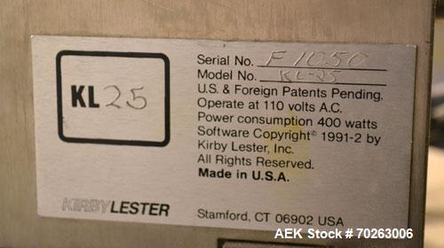Used Kirby Lester Tablet Counter, Model KL25, Stainless Steel. Count rate 820 per minute. Approximately 7-1/2’’ diameter vibrating bowl feeder, capacity (500) size 3 capsules. Maximum tablet size (0....