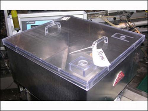 Used Lakso Tablet Inspection Belt. 12" wide with hopper and feeder. Mounted on a stand.