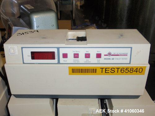 Used Dr. Schleuniger Pharmatron Tablet Hardness Tester, Model 6D. Approximate capacities: 25 tablets/3 minutes. Thickness 0-15mm (0-0.6’’), diameter 0-35mm (0-1.4’’), hardness and tolerance 400-500-8...