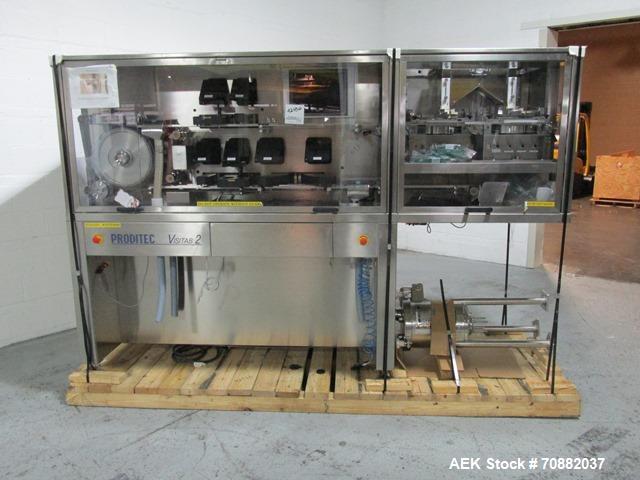 Used Proditec Visitab2 tablet inspection system, rated up to 300,000 tablets per hour, designed to handle multiple shaped tablets from round, oval, triangle, etc, 6 cameras, 2 lane with centrifugal b...
