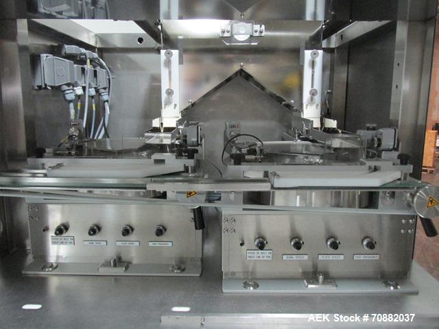 Used Proditec Visitab2 tablet inspection system, rated up to 300,000 tablets per hour, designed to handle multiple shaped tablets from round, oval, triangle, etc, 6 cameras, 2 lane with centrifugal b...