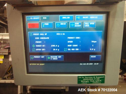 Used Ishida CCW-M-214W-S/30-PB High Speed Chute Unit, up to 120 bpm capable. Special "V" style radial feeder pans for increased accuracy at smaller target weights. Manufactured 2000.