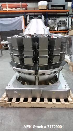 Used Ishida CCW-NZ-214W-S/70-WP. Fully wash down with dimpled buckets and chutes. Perfect for any products like, lettuce, beef jerky, vegetables, sausage patties, gummies, etc... Scale has a timing h...