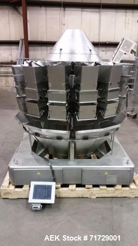 Used Ishida CCW-NZ-214W-S/70-WP. Fully wash down with dimpled buckets and chutes. Perfect for any products like, lettuce, beef jerky, vegetables, sausage patties, gummies, etc... Scale has a timing h...