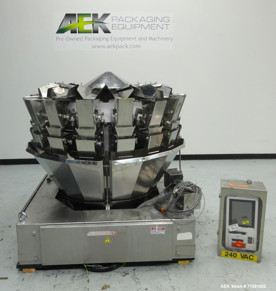 Used Ishida 16 Head Computer Weigher, Model CCW-Z-216W-S/20-WP, Serial 19102, Year 1992.  208 Volt, 60 hz, 10.9 amps, stainless steel contact parts.  Smooth buckets.