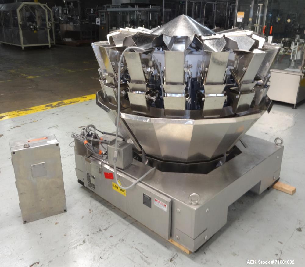 Used Ishida 16 Head Computer Weigher, Model CCW-Z-216W-S/20-WP, Serial 19102, Year 1992.  208 Volt, 60 hz, 10.9 amps, stainless steel contact parts.  Smooth buckets.
