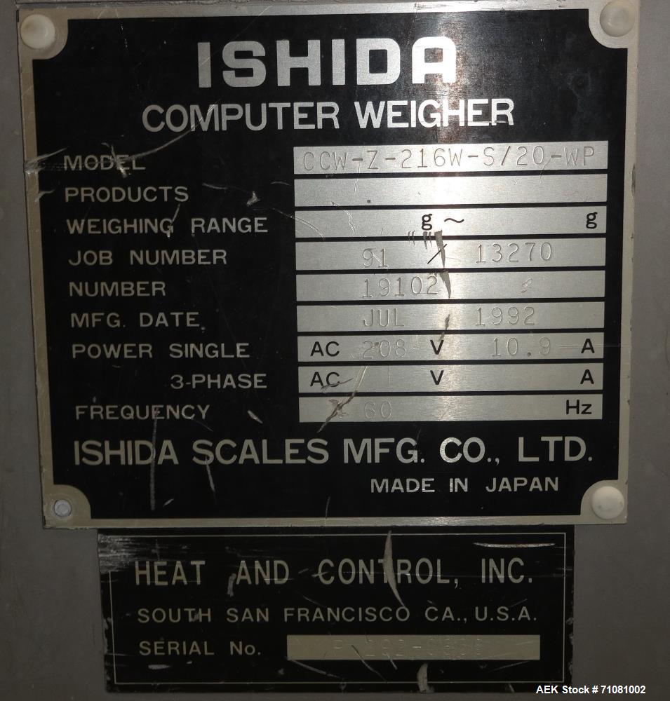 Used Ishida 16 Head Computer Weigher, Model CCW-Z-216W-S/20-WP, Serial 19102, Year 1992.  208 Volt, 60 hz, 10.9 amps, stainless steel contact parts.  Smooth buckets.