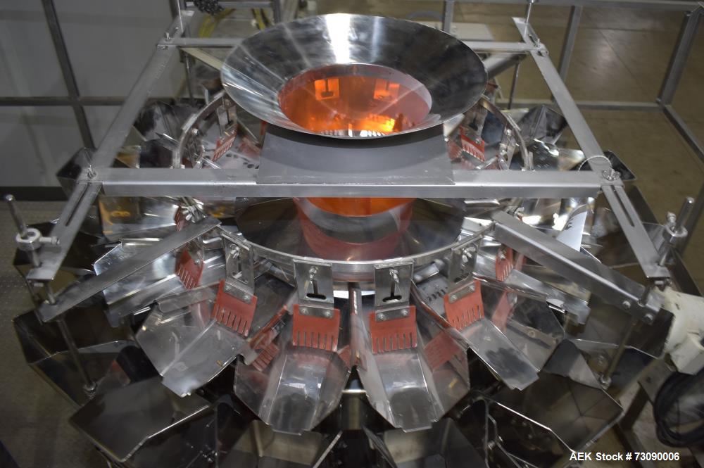 Used Ishida Model RVE-216B-1D/30-PB 16 head smooth bucket combination scale, 3000 liter buckets, booster hoppers, booster buckets with dual discharge