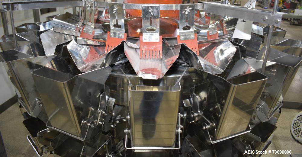 Used Ishida Model RVE-216B-1D/30-PB 16 head smooth bucket combination scale, 3000 liter buckets, booster hoppers, booster buckets with dual discharge