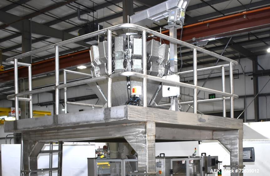 Used Ohlson Model 14-2C-18F Radial Combination Scale and Platform. 14-Dimple buckets. Weighing range approcimate 10 - 3000g. Max cycle speed 130 WPM. Has Syntron BF-2-B magnetic feeder. Serial# 88160...