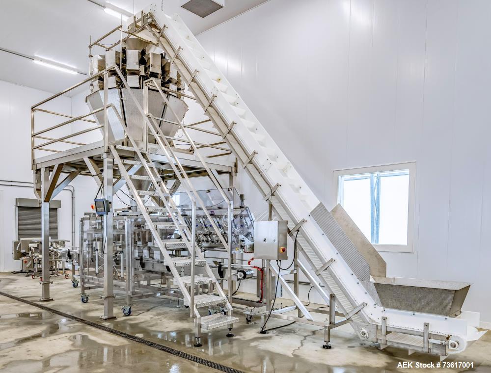 Used Ohlson (nVenia) Combination Scale Clamshell Packaging Line for Produce, Nuts or Microgreens. Capable of speeds up to 50 CPM. Line consists of Ohlson Model IC-18-8-SS S/S cleated belt infeed conv...