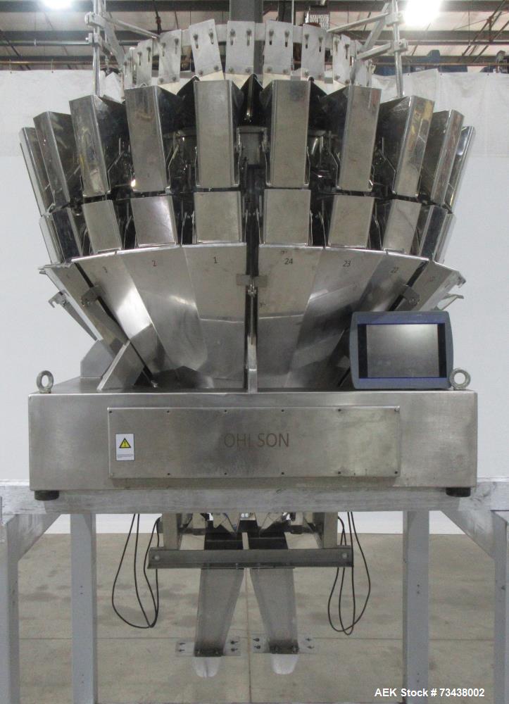 Used Ohlson Model MHW24F 24 Head Combination Scale. Stainless steel construction. Approximate 1.3 liter smooth buckets. Approximate maximum speeds up to 240 bags/min. Approximate weight range 15 - 30...
