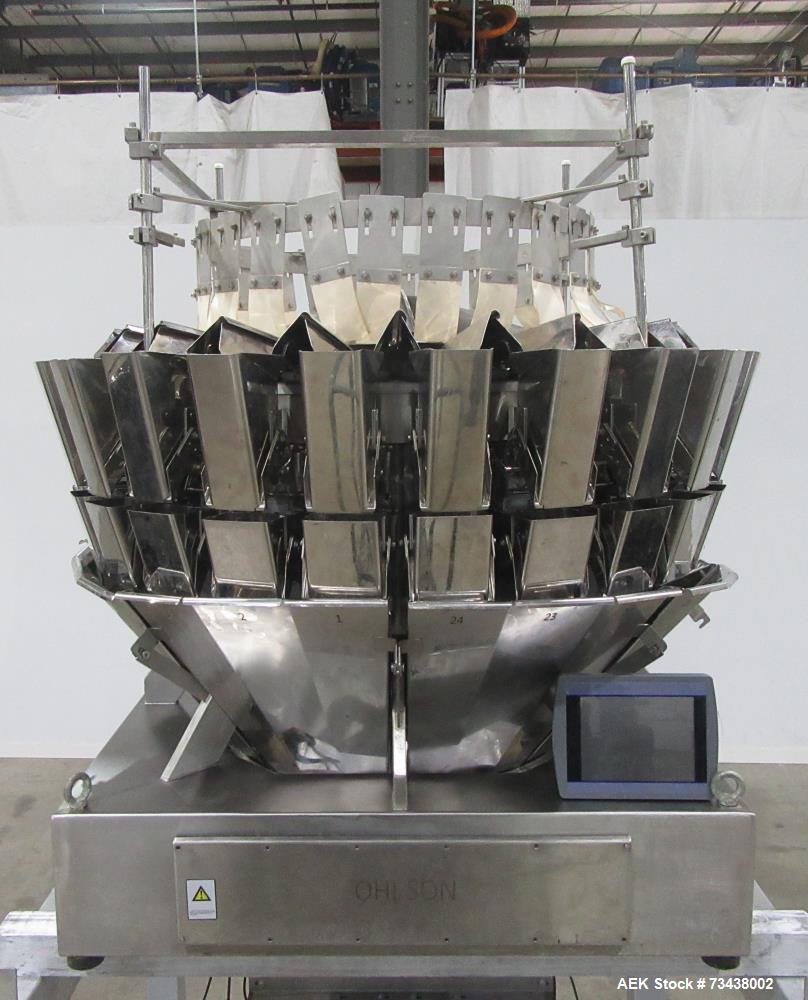 Used Ohlson Model MHW24F 24 Head Combination Scale. Stainless steel construction. Approximate 1.3 liter smooth buckets. Approximate maximum speeds up to 240 bags/min. Approximate weight range 15 - 30...