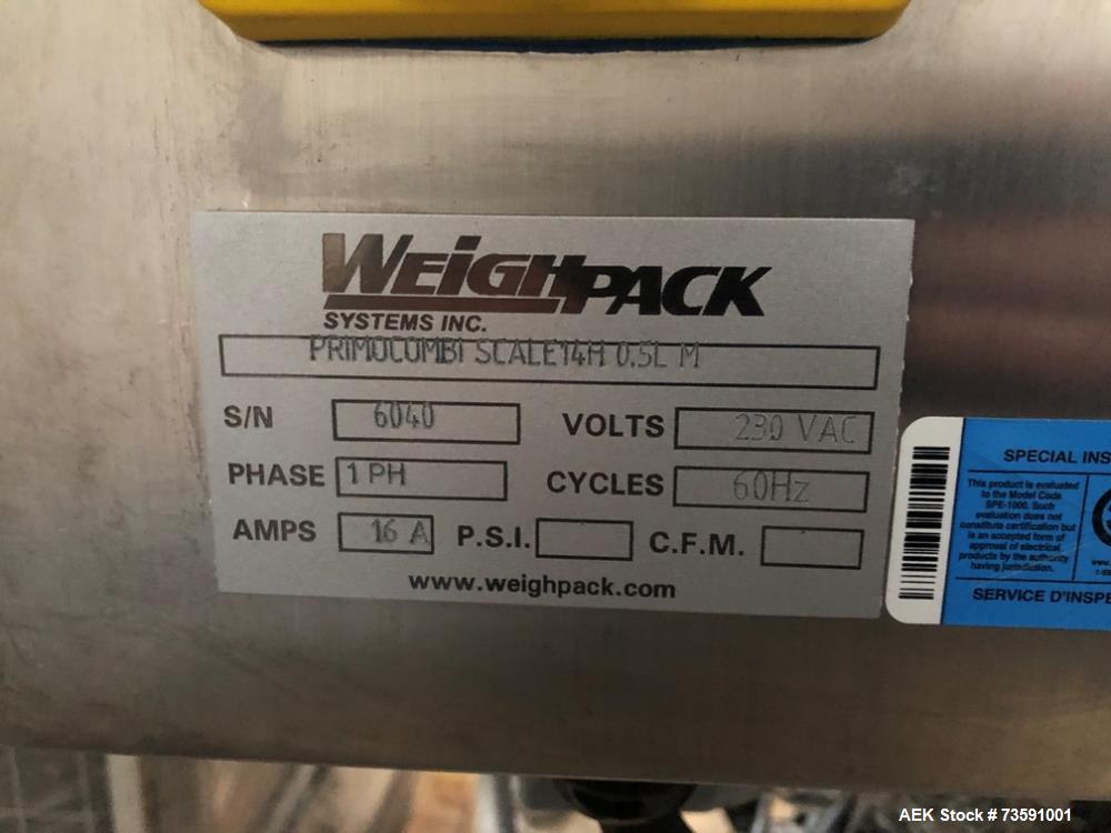 Used Weighpack Primo Combi 14 Head Smooth Bucket Combination Scale. Capable of speeds up to 200 weighs per minute (depending on application. Ha .5 Liter buckets with a weight range: 1 - 454 (grams) w...