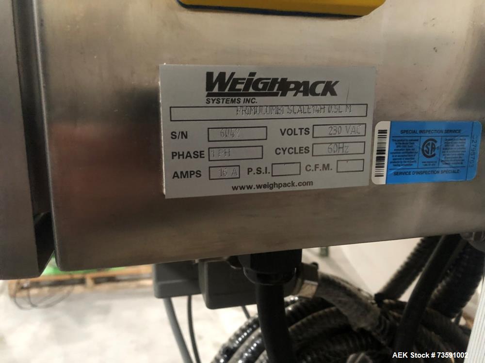 Used Weighpack Primo Combi 14 Head Smooth Bucket Combination Scale. Capable of speeds up to 200 weighs per minute (depending on application. Ha .5 Liter buckets with a weight range: 1 - 454 (grams) w...