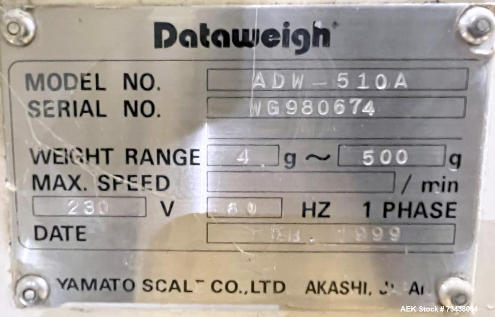 Used Yamato Scale Model ADW-510-A, 10 Head Scale with 3 liter buckets. Maximum speed up to 70 per minute. Weight range 4 - 500 gram. Serial# WG980674. 1/60/230 Volt.