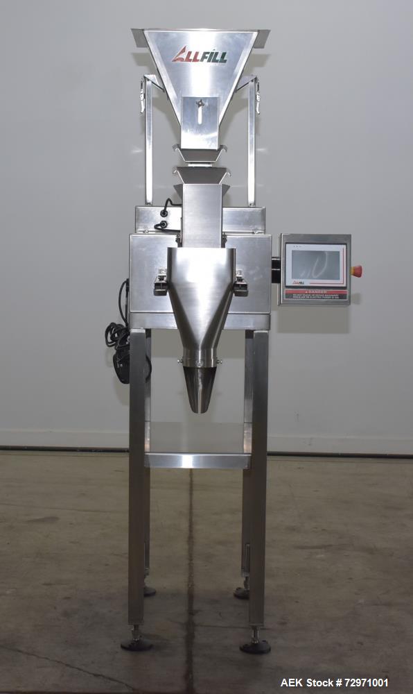 Used All-Fill VF-110-ST Single Lane Vibratory Filler. Capable of speeds up to approximate 8 CPM. Hopper, approximate 16" x 16" x 12.5" deep. (1) FMC vibratory feeder, approximate 4" w x 12" l x 2" de...