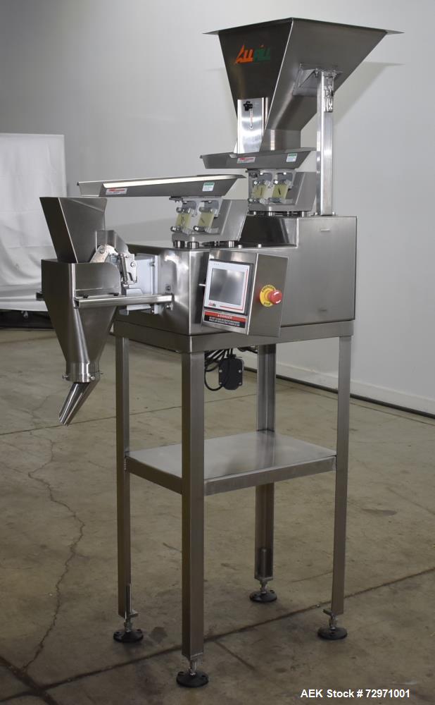 Used All-Fill VF-110-ST Single Lane Vibratory Filler. Capable of speeds up to approximate 8 CPM. Hopper, approximate 16" x 16" x 12.5" deep. (1) FMC vibratory feeder, approximate 4" w x 12" l x 2" de...