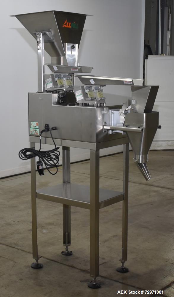 Used All-Fill VF-110-ST Single Lane Vibratory Filler. Capable of speeds up to approximate 8 CPM. Hopper, approximate 16" x 16" x 12.5" deep. (1) FMC vibratory feeder, approximate 4" w x 12" l x 2" de...