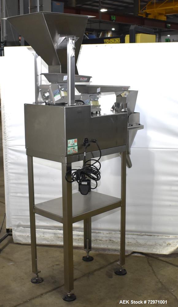 Used All-Fill VF-110-ST Single Lane Vibratory Filler. Capable of speeds up to approximate 8 CPM. Hopper, approximate 16" x 16" x 12.5" deep. (1) FMC vibratory feeder, approximate 4" w x 12" l x 2" de...