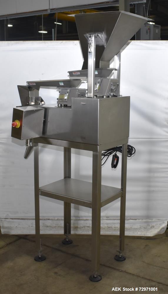 Used All-Fill VF-110-ST Single Lane Vibratory Filler. Capable of speeds up to approximate 8 CPM. Hopper, approximate 16" x 16" x 12.5" deep. (1) FMC vibratory feeder, approximate 4" w x 12" l x 2" de...