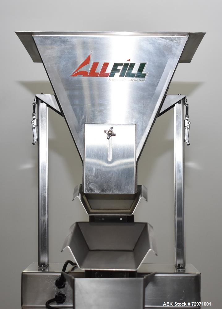 Used All-Fill VF-110-ST Single Lane Vibratory Filler. Capable of speeds up to approximate 8 CPM. Hopper, approximate 16" x 16" x 12.5" deep. (1) FMC vibratory feeder, approximate 4" w x 12" l x 2" de...