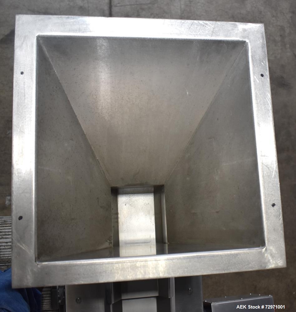 Used All-Fill VF-110-ST Single Lane Vibratory Filler. Capable of speeds up to approximate 8 CPM. Hopper, approximate 16" x 16" x 12.5" deep. (1) FMC vibratory feeder, approximate 4" w x 12" l x 2" de...