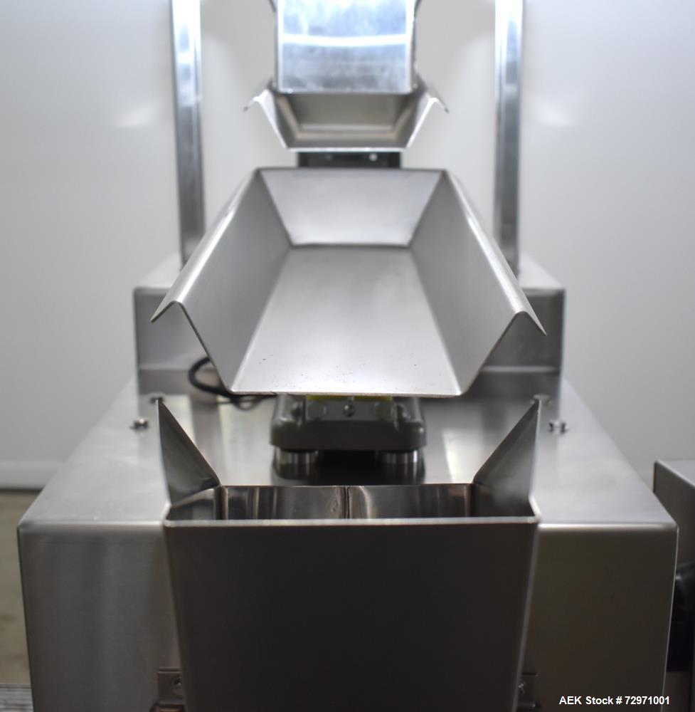 Used All-Fill VF-110-ST Single Lane Vibratory Filler. Capable of speeds up to approximate 8 CPM. Hopper, approximate 16" x 16" x 12.5" deep. (1) FMC vibratory feeder, approximate 4" w x 12" l x 2" de...