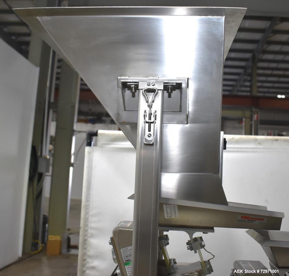 Used All-Fill VF-110-ST Single Lane Vibratory Filler. Capable of speeds up to approximate 8 CPM. Hopper, approximate 16" x 16" x 12.5" deep. (1) FMC vibratory feeder, approximate 4" w x 12" l x 2" de...