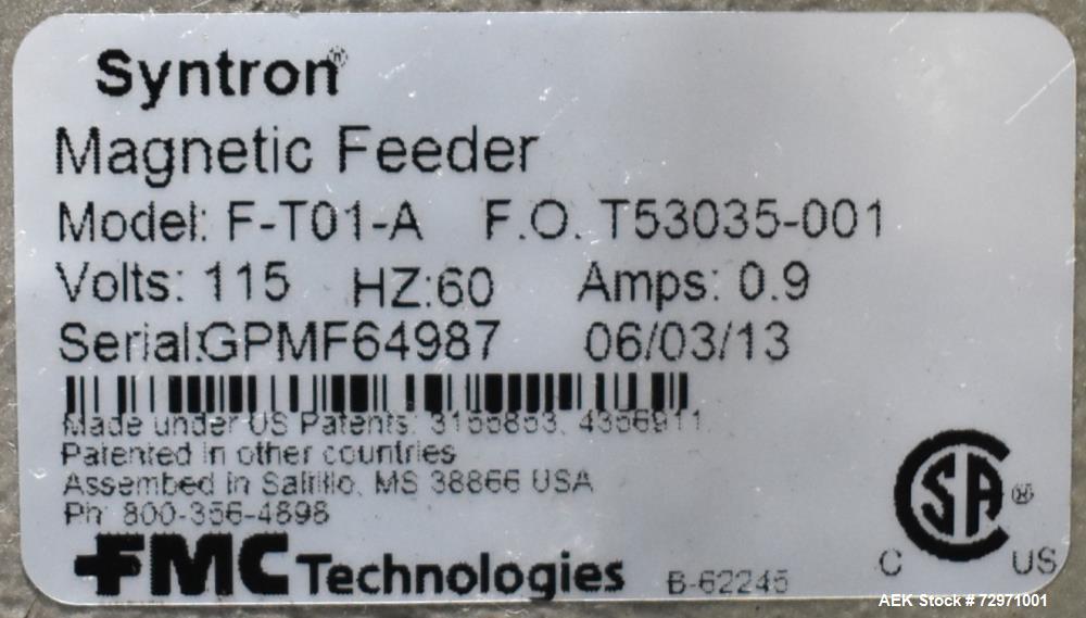 Used All-Fill VF-110-ST Single Lane Vibratory Filler. Capable of speeds up to approximate 8 CPM. Hopper, approximate 16" x 16" x 12.5" deep. (1) FMC vibratory feeder, approximate 4" w x 12" l x 2" de...