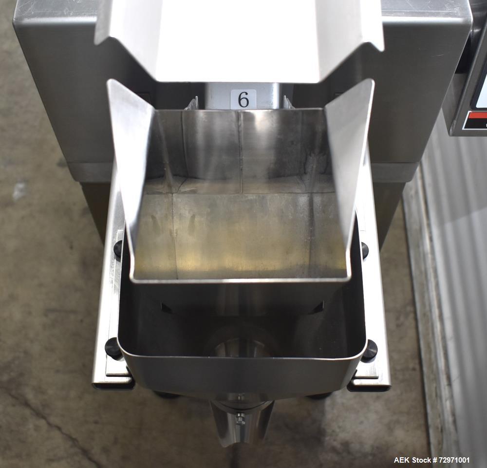 Used All-Fill VF-110-ST Single Lane Vibratory Filler. Capable of speeds up to approximate 8 CPM. Hopper, approximate 16" x 16" x 12.5" deep. (1) FMC vibratory feeder, approximate 4" w x 12" l x 2" de...