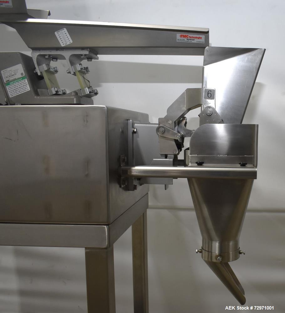 Used All-Fill VF-110-ST Single Lane Vibratory Filler. Capable of speeds up to approximate 8 CPM. Hopper, approximate 16" x 16" x 12.5" deep. (1) FMC vibratory feeder, approximate 4" w x 12" l x 2" de...