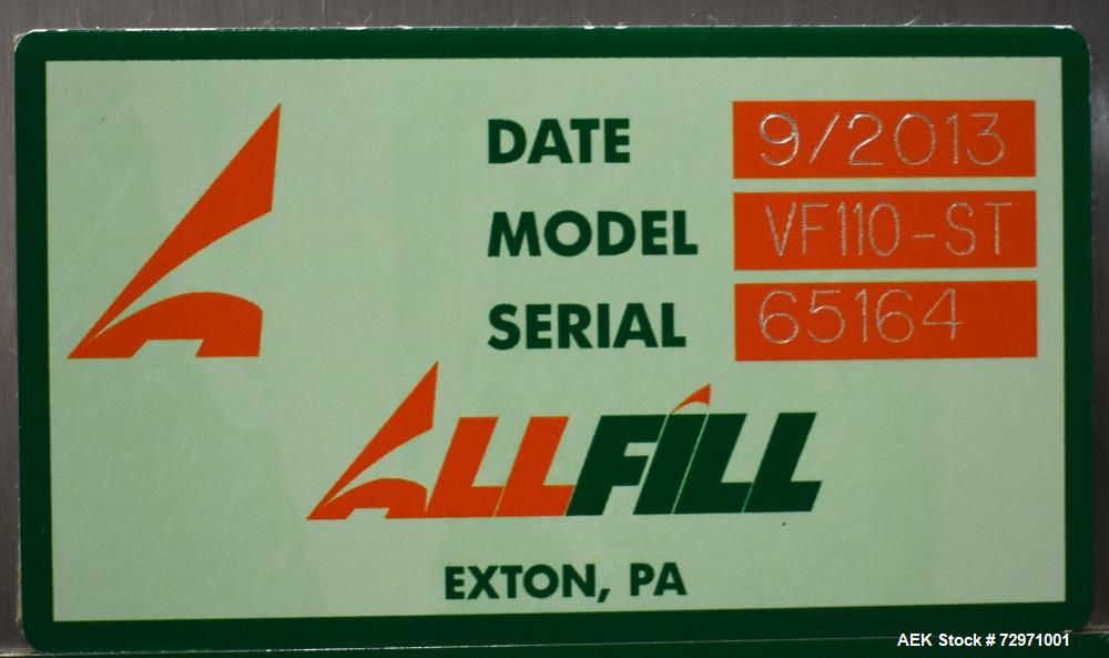 Used All-Fill VF-110-ST Single Lane Vibratory Filler. Capable of speeds up to approximate 8 CPM. Hopper, approximate 16" x 16" x 12.5" deep. (1) FMC vibratory feeder, approximate 4" w x 12" l x 2" de...