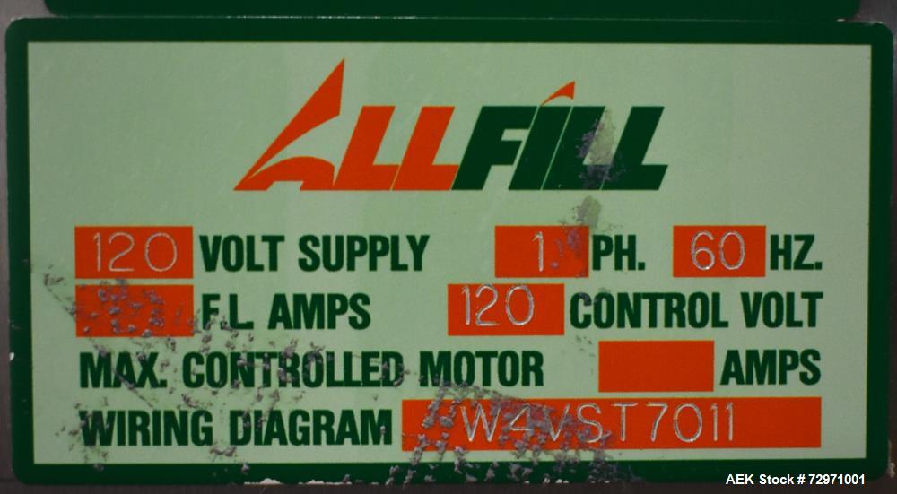 Used All-Fill VF-110-ST Single Lane Vibratory Filler. Capable of speeds up to approximate 8 CPM. Hopper, approximate 16" x 16" x 12.5" deep. (1) FMC vibratory feeder, approximate 4" w x 12" l x 2" de...